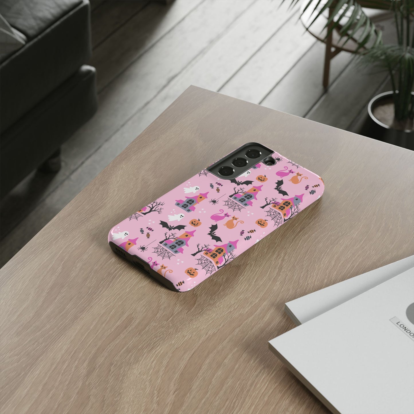 Pink Haunted House and Cats Halloween Phone Case – Tough Phone Case – Cute Spooky Design - iPhone 16 - Samsung Galaxy - Google Pixel