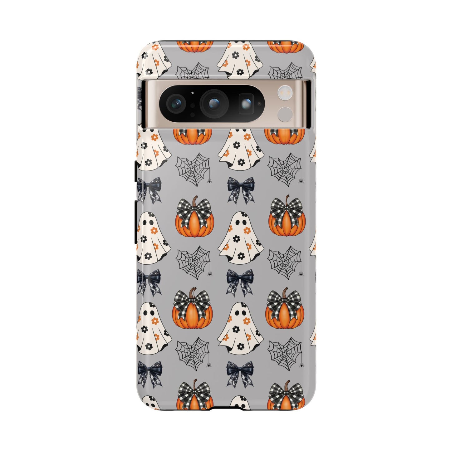 Halloween Ghosts and Pumpkins Gray Phone Case – Tough Phone Case – Cute Spooky Design - iPhone 16 - Samsung Galaxy - Google Pixel