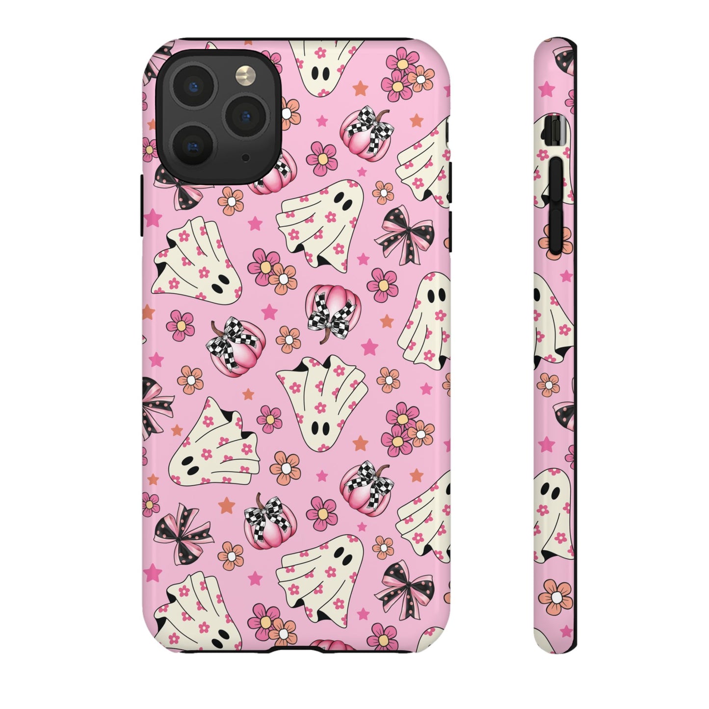 Pink Ghosts and Flowers Halloween Phone Case – Tough Phone Case – Cute Spooky Design - iPhone 16 - Samsung Galaxy - Google Pixel