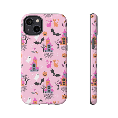 Pink Haunted House and Cats Halloween Phone Case – Tough Phone Case – Cute Spooky Design - iPhone 16 - Samsung Galaxy - Google Pixel