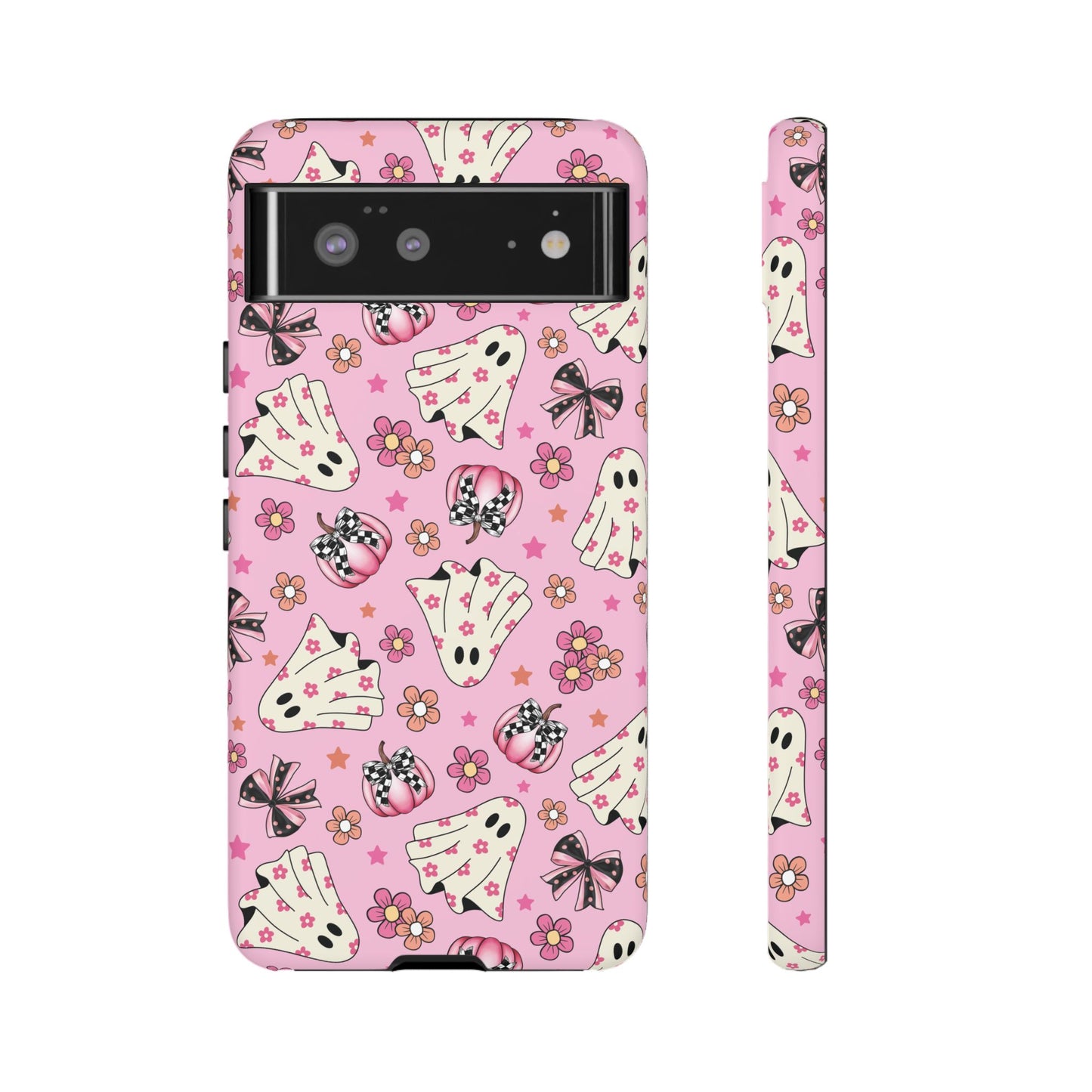 Pink Ghosts and Flowers Halloween Phone Case – Tough Phone Case – Cute Spooky Design - iPhone 16 - Samsung Galaxy - Google Pixel