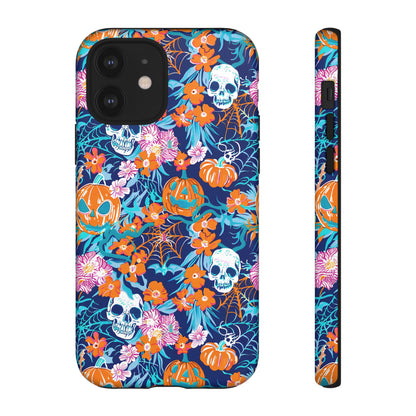 Floral Skulls and Pumpkins Halloween Phone Case – Tough Phone Case – Cute Spooky Design - iPhone 16 - Samsung Galaxy - Google Pixel