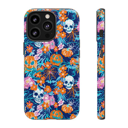 Floral Skulls and Pumpkins Halloween Phone Case – Tough Phone Case – Cute Spooky Design - iPhone 16 - Samsung Galaxy - Google Pixel