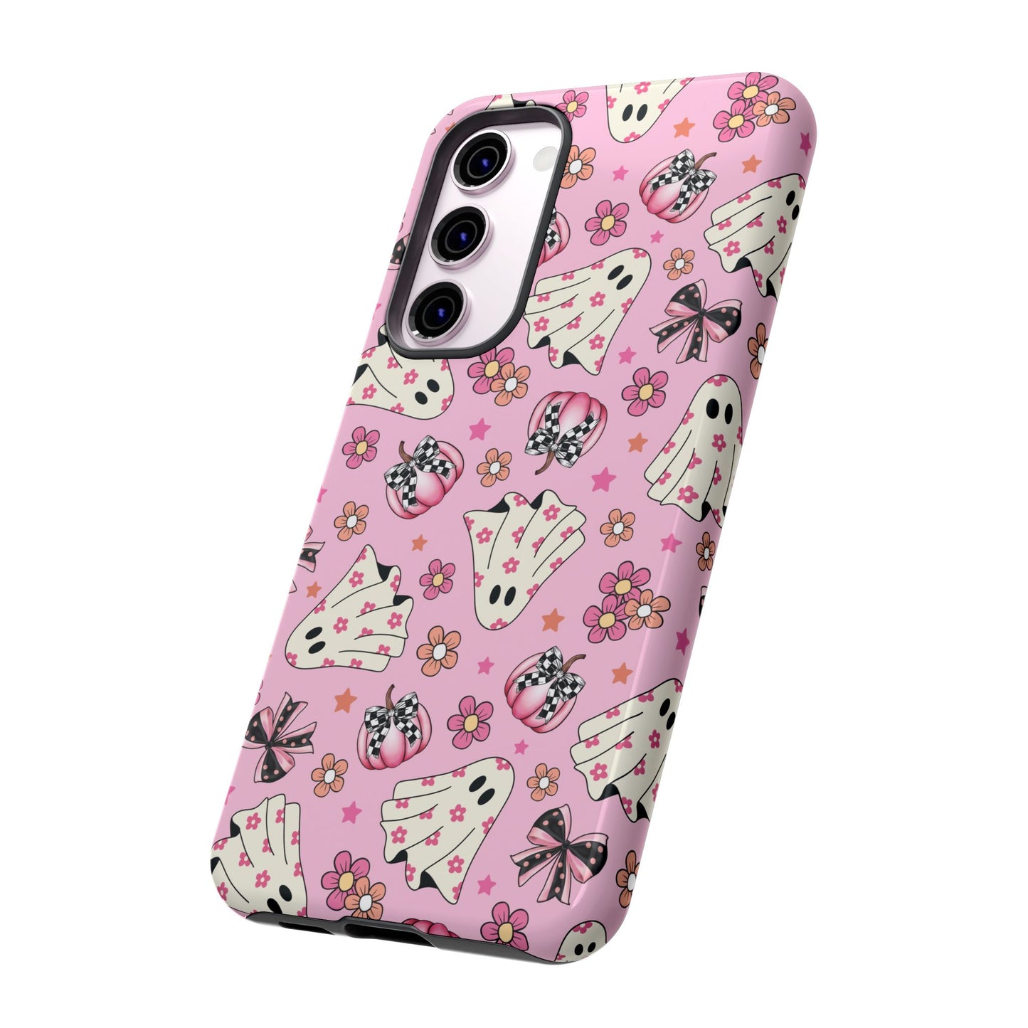 Pink Ghosts and Flowers Halloween Phone Case – Tough Phone Case – Cute Spooky Design - iPhone 16 - Samsung Galaxy - Google Pixel