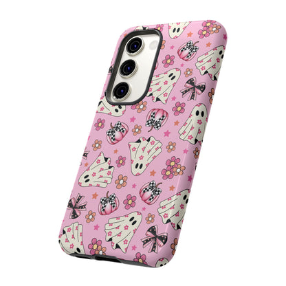 Pink Ghosts and Flowers Halloween Phone Case – Tough Phone Case – Cute Spooky Design - iPhone 16 - Samsung Galaxy - Google Pixel