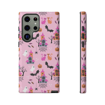 Pink Haunted House and Cats Halloween Phone Case – Tough Phone Case – Cute Spooky Design - iPhone 16 - Samsung Galaxy - Google Pixel