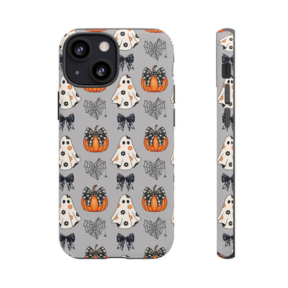 Halloween Ghosts and Pumpkins Gray Phone Case – Tough Phone Case – Cute Spooky Design - iPhone 16 - Samsung Galaxy - Google Pixel