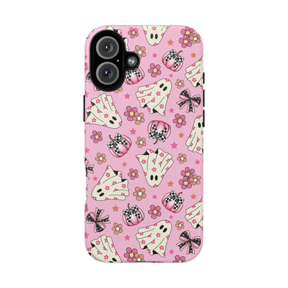 Pink Ghosts and Flowers Halloween Phone Case – Tough Phone Case – Cute Spooky Design - iPhone 16 - Samsung Galaxy - Google Pixel