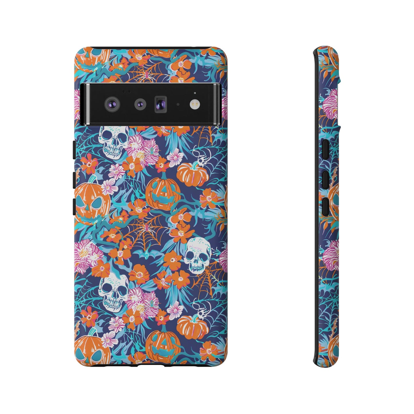 Floral Skulls and Pumpkins Halloween Phone Case – Tough Phone Case – Cute Spooky Design - iPhone 16 - Samsung Galaxy - Google Pixel