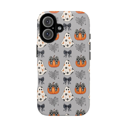 Halloween Ghosts and Pumpkins Gray Phone Case – Tough Phone Case – Cute Spooky Design - iPhone 16 - Samsung Galaxy - Google Pixel