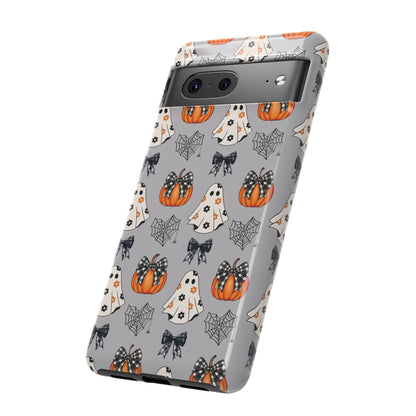 Halloween Ghosts and Pumpkins Gray Phone Case – Tough Phone Case – Cute Spooky Design - iPhone 16 - Samsung Galaxy - Google Pixel