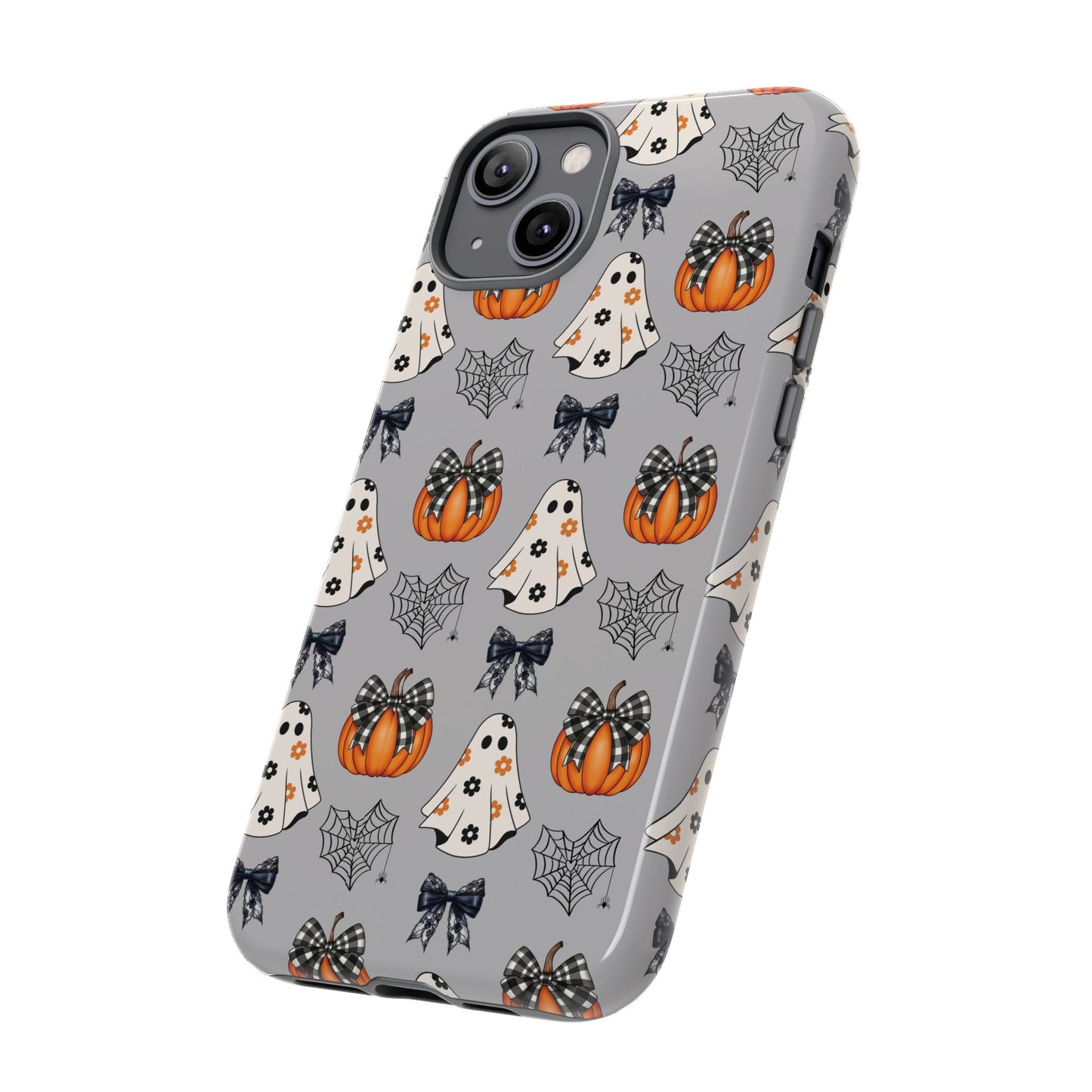 Halloween Ghosts and Pumpkins Gray Phone Case – Tough Phone Case – Cute Spooky Design - iPhone 16 - Samsung Galaxy - Google Pixel