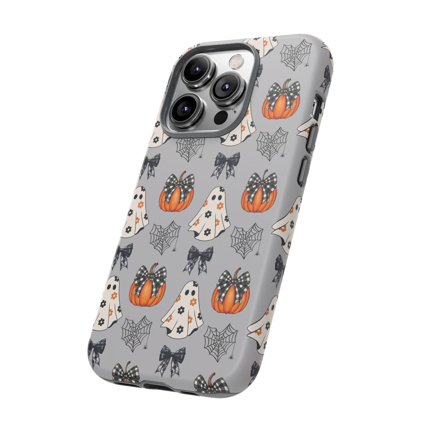 Halloween Ghosts and Pumpkins Gray Phone Case – Tough Phone Case – Cute Spooky Design - iPhone 16 - Samsung Galaxy - Google Pixel