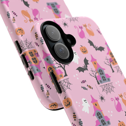 Pink Haunted House and Cats Halloween Phone Case – Tough Phone Case – Cute Spooky Design - iPhone 16 - Samsung Galaxy - Google Pixel