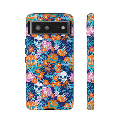 Floral Skulls and Pumpkins Halloween Phone Case – Tough Phone Case – Cute Spooky Design - iPhone 16 - Samsung Galaxy - Google Pixel