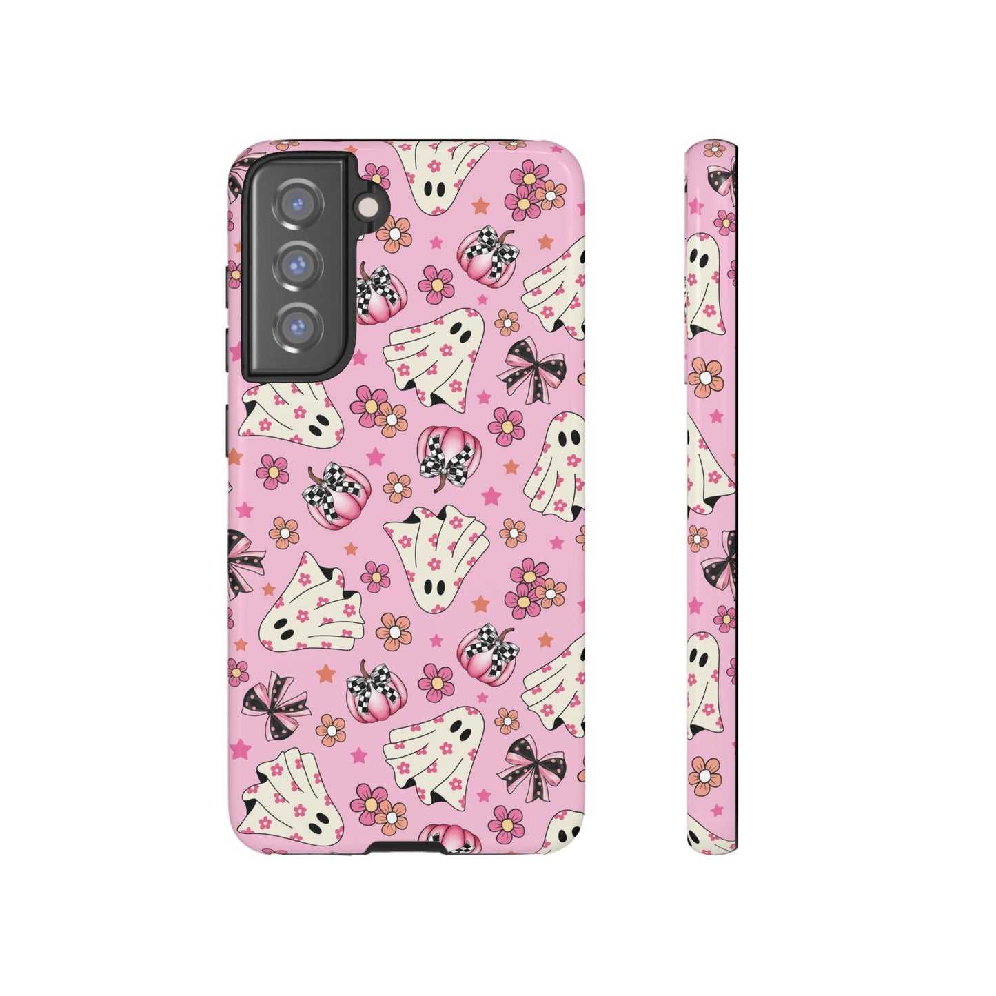 Pink Ghosts and Flowers Halloween Phone Case – Tough Phone Case – Cute Spooky Design - iPhone 16 - Samsung Galaxy - Google Pixel