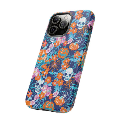 Floral Skulls and Pumpkins Halloween Phone Case – Tough Phone Case – Cute Spooky Design - iPhone 16 - Samsung Galaxy - Google Pixel