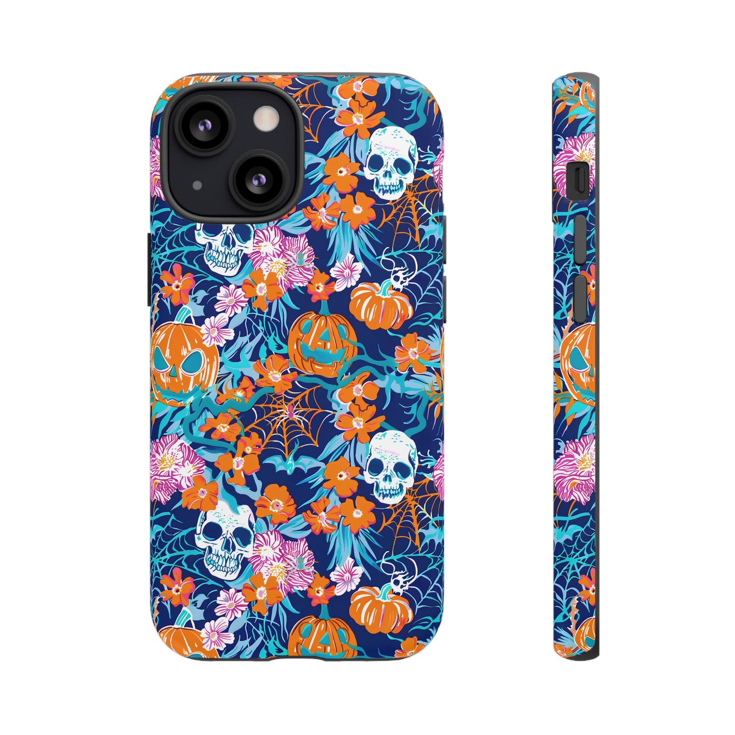 Floral Skulls and Pumpkins Halloween Phone Case – Tough Phone Case – Cute Spooky Design - iPhone 16 - Samsung Galaxy - Google Pixel