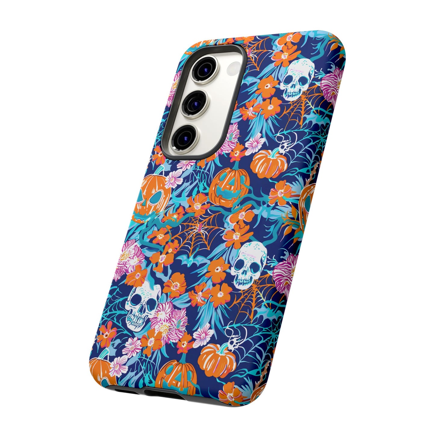 Floral Skulls and Pumpkins Halloween Phone Case – Tough Phone Case – Cute Spooky Design - iPhone 16 - Samsung Galaxy - Google Pixel