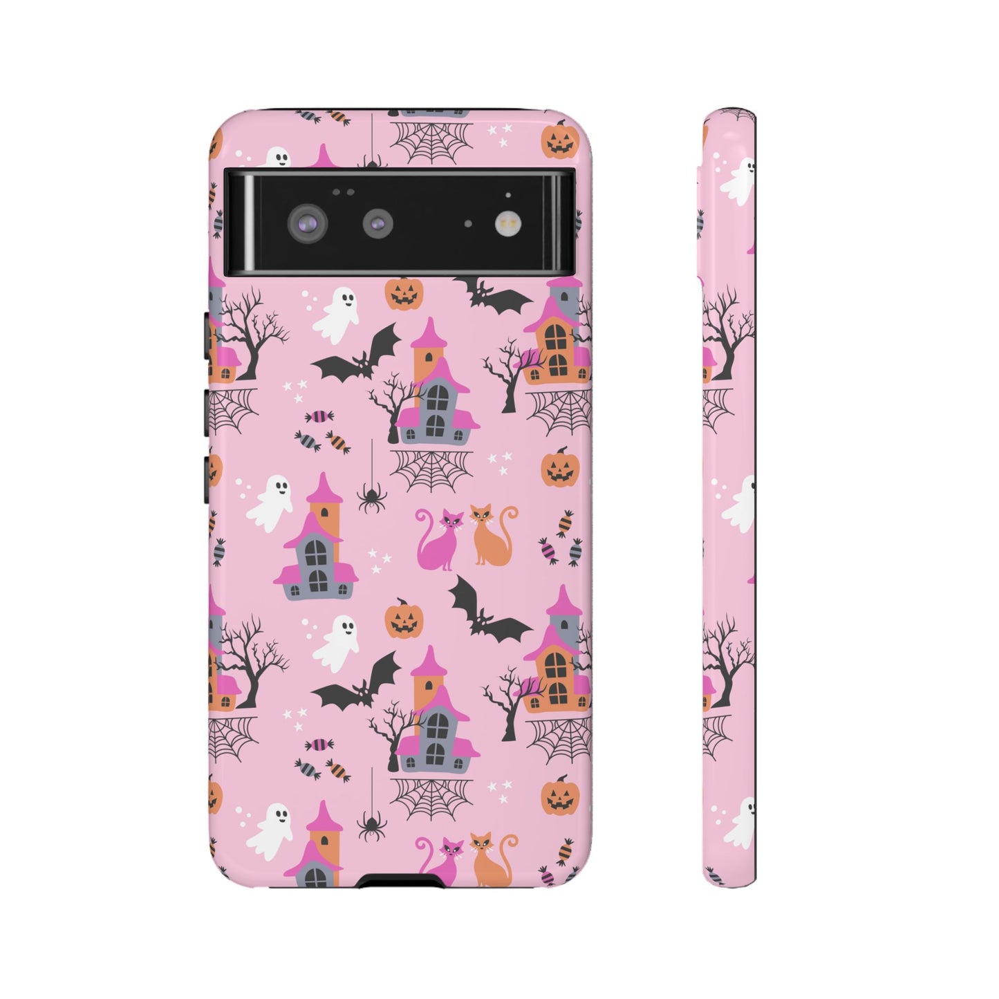 Pink Haunted House and Cats Halloween Phone Case – Tough Phone Case – Cute Spooky Design - iPhone 16 - Samsung Galaxy - Google Pixel