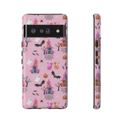 Pink Haunted House and Cats Halloween Phone Case – Tough Phone Case – Cute Spooky Design - iPhone 16 - Samsung Galaxy - Google Pixel