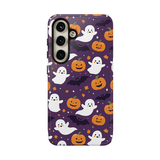 Cute Ghosts and Pumpkins Purple Background Halloween Phone Case – Tough Phone Case – Cute Spooky Design - iPhone 16 - Samsung Galaxy - Google Pixel