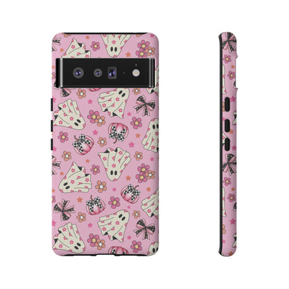 Pink Ghosts and Flowers Halloween Phone Case – Tough Phone Case – Cute Spooky Design - iPhone 16 - Samsung Galaxy - Google Pixel