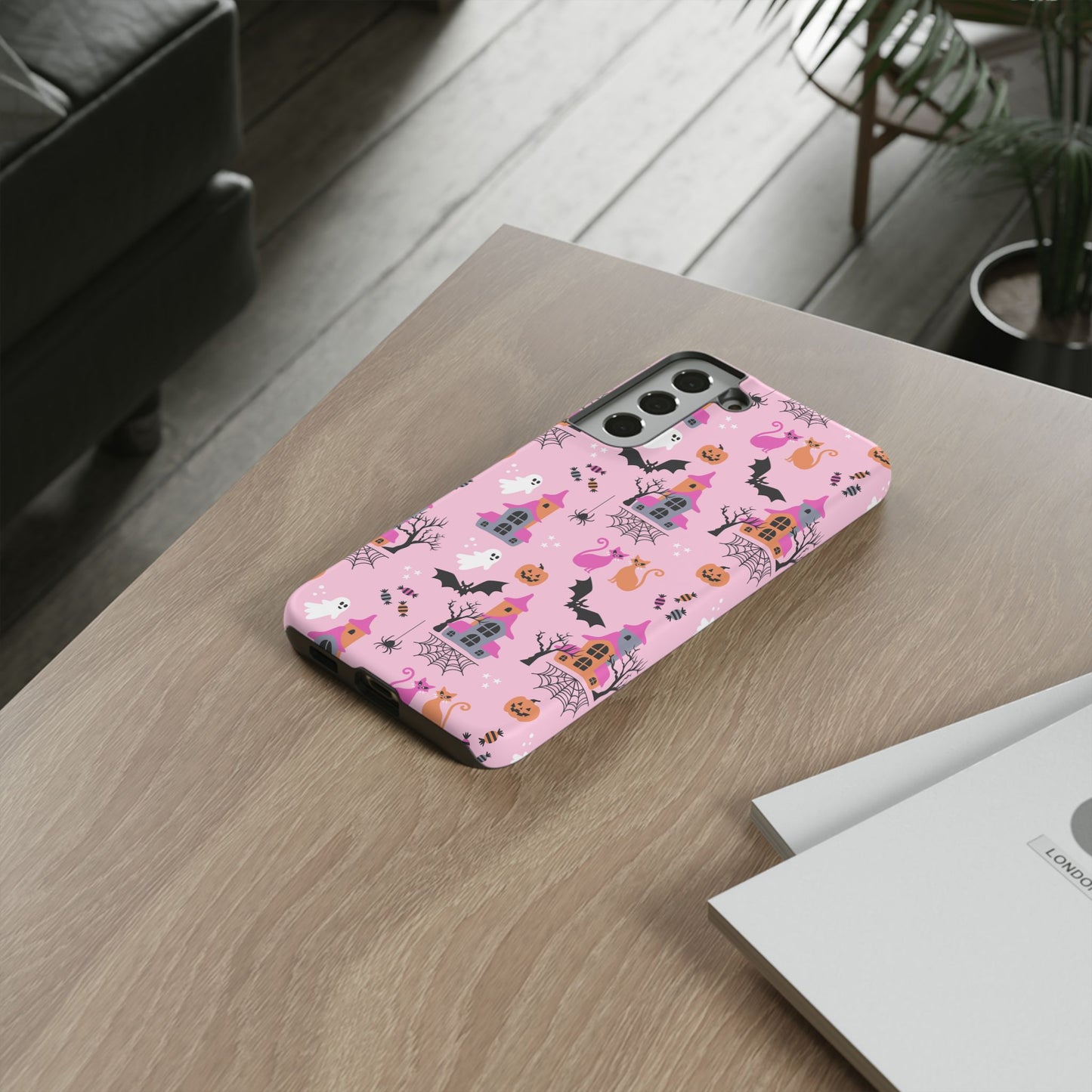 Pink Haunted House and Cats Halloween Phone Case – Tough Phone Case – Cute Spooky Design - iPhone 16 - Samsung Galaxy - Google Pixel