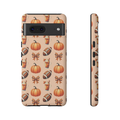 Pumpkins, Footballs, and Bows Fall Autumn Phone Case – Tough Phone Case – Cute Spooky Design - iPhone 16 - Samsung Galaxy - Google Pixel