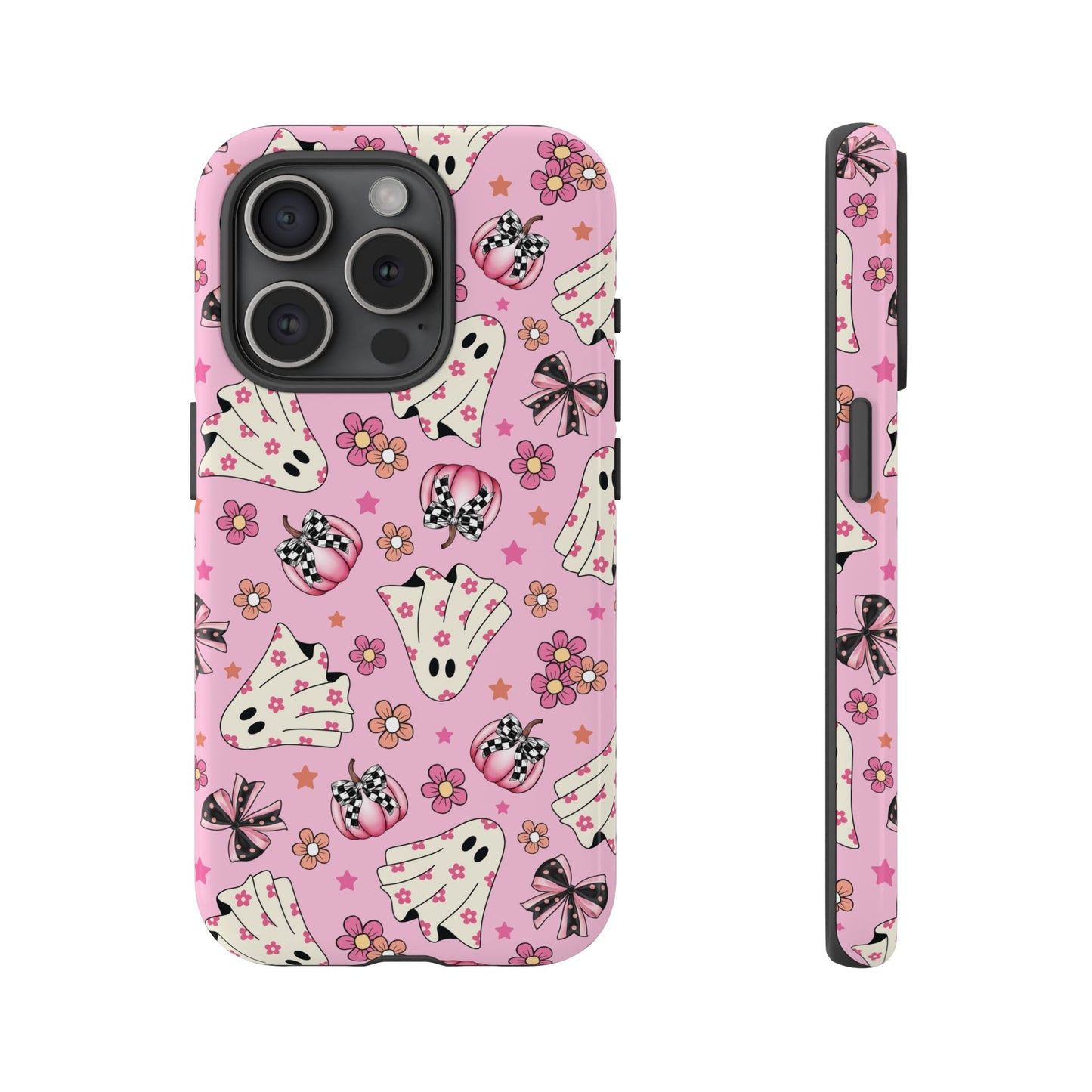 Pink Ghosts and Flowers Halloween Phone Case – Tough Phone Case – Cute Spooky Design - iPhone 16 - Samsung Galaxy - Google Pixel