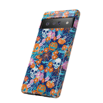 Floral Skulls and Pumpkins Halloween Phone Case – Tough Phone Case – Cute Spooky Design - iPhone 16 - Samsung Galaxy - Google Pixel