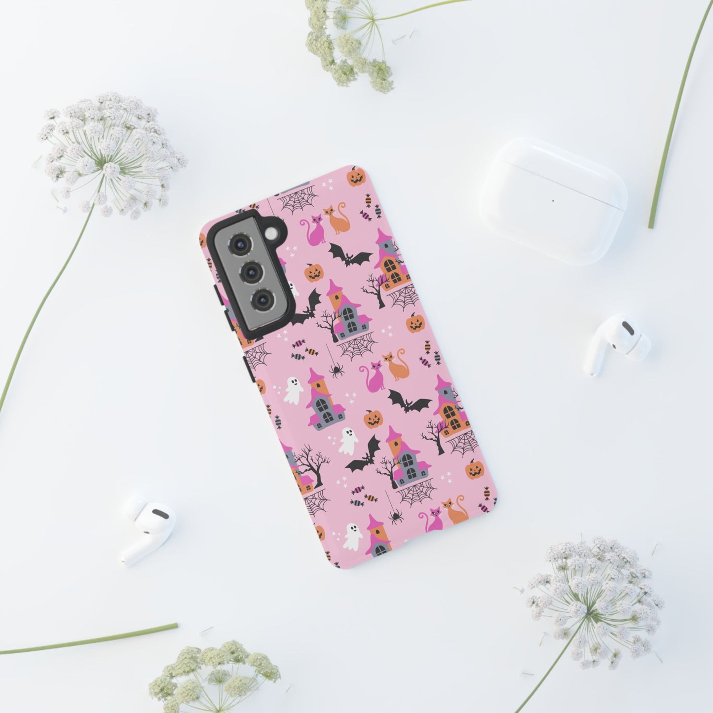 Pink Haunted House and Cats Halloween Phone Case – Tough Phone Case – Cute Spooky Design - iPhone 16 - Samsung Galaxy - Google Pixel