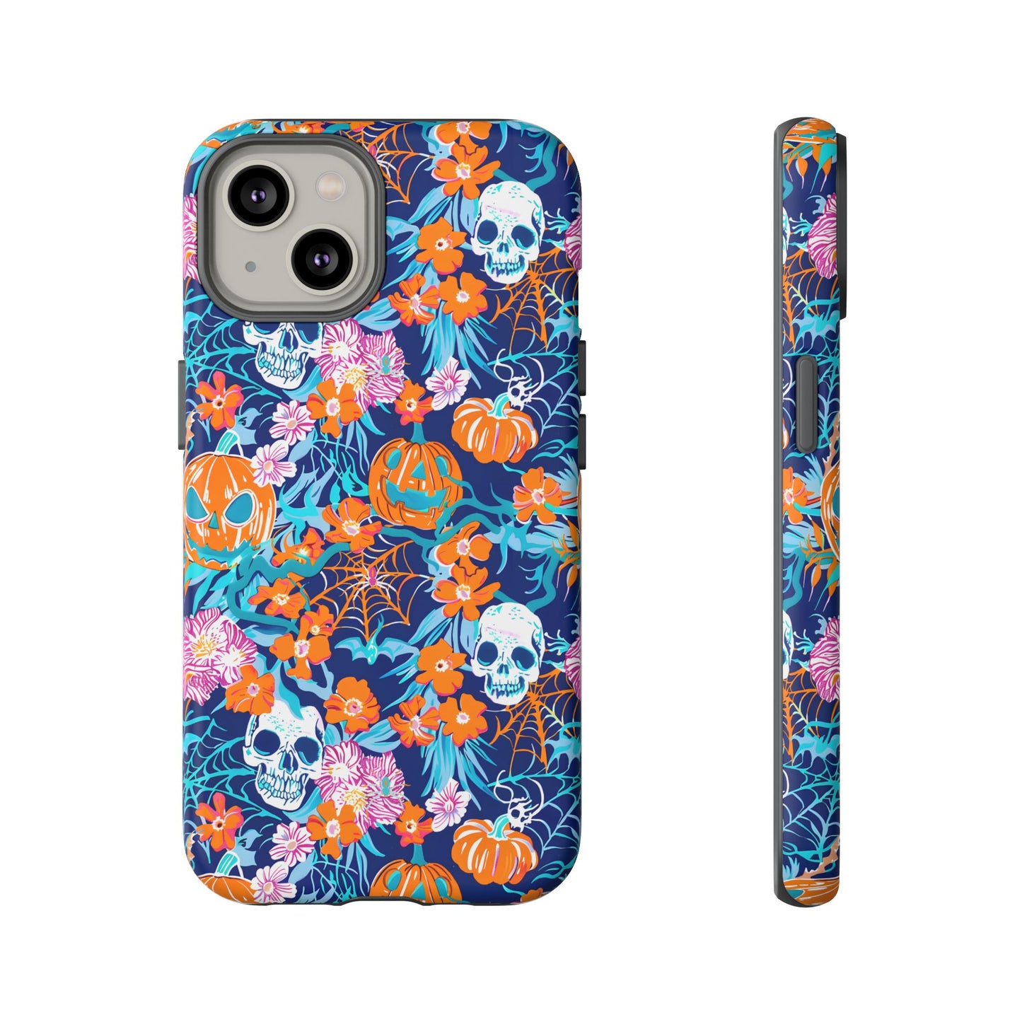 Floral Skulls and Pumpkins Halloween Phone Case – Tough Phone Case – Cute Spooky Design - iPhone 16 - Samsung Galaxy - Google Pixel