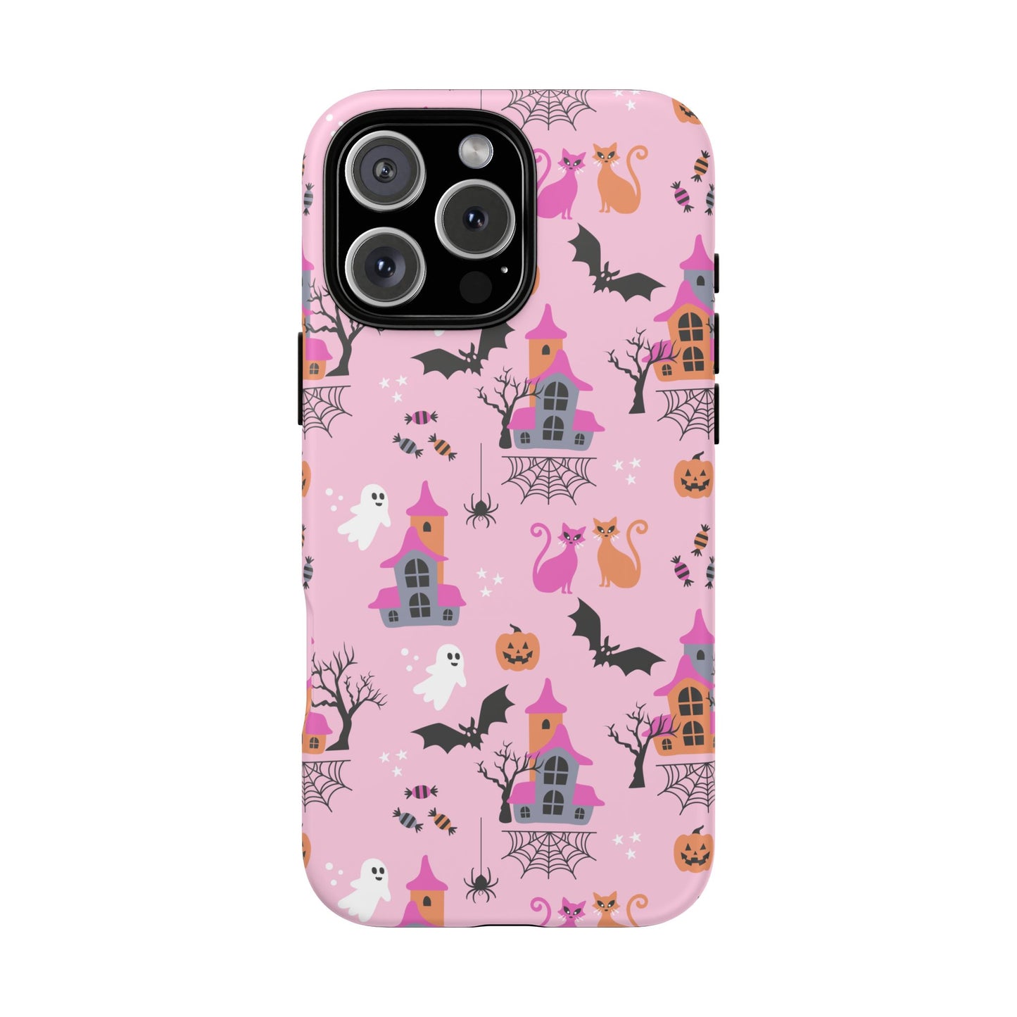 Pink Haunted House and Cats Halloween Phone Case – Tough Phone Case – Cute Spooky Design - iPhone 16 - Samsung Galaxy - Google Pixel