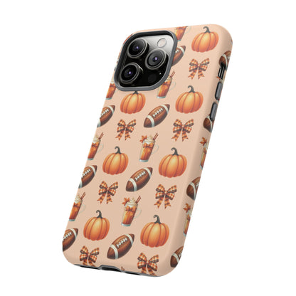 Pumpkins, Footballs, and Bows Fall Autumn Phone Case – Tough Phone Case – Cute Spooky Design - iPhone 16 - Samsung Galaxy - Google Pixel