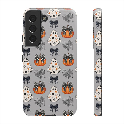 Halloween Ghosts and Pumpkins Gray Phone Case – Tough Phone Case – Cute Spooky Design - iPhone 16 - Samsung Galaxy - Google Pixel