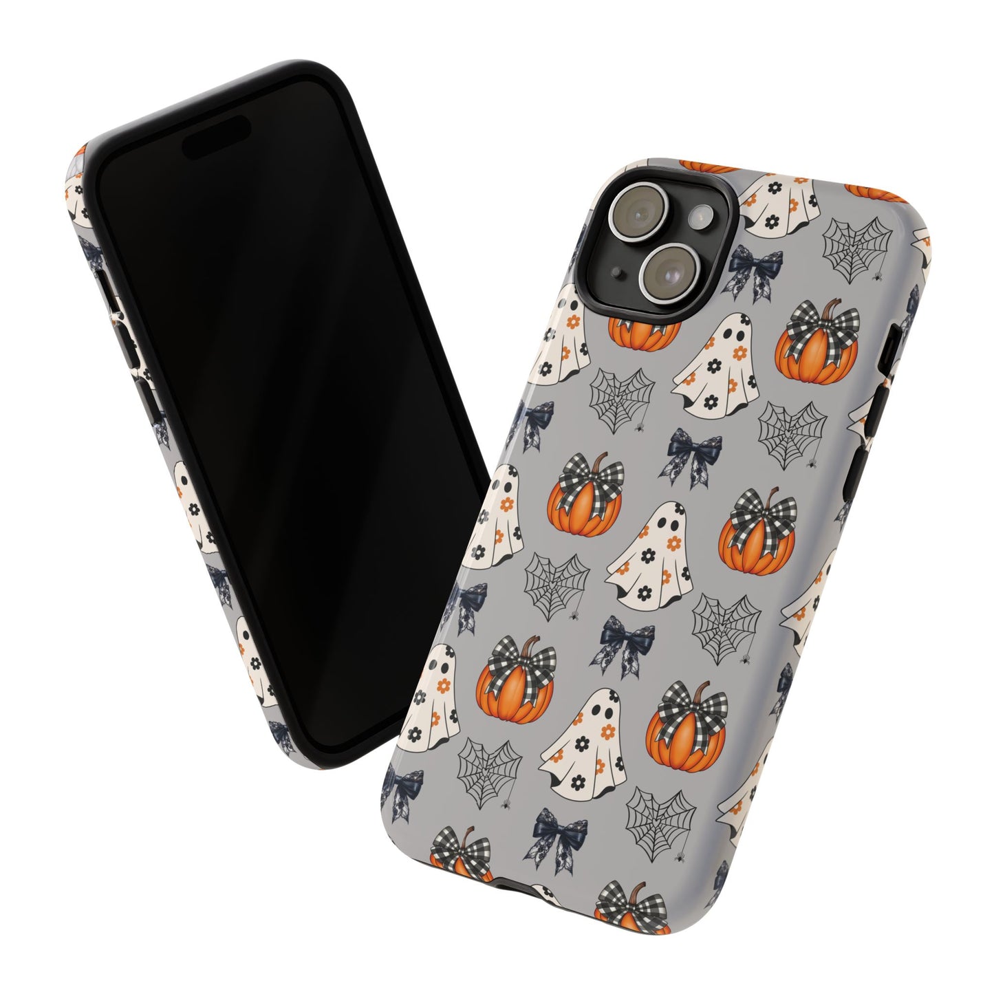 Halloween Ghosts and Pumpkins Gray Phone Case – Tough Phone Case – Cute Spooky Design - iPhone 16 - Samsung Galaxy - Google Pixel