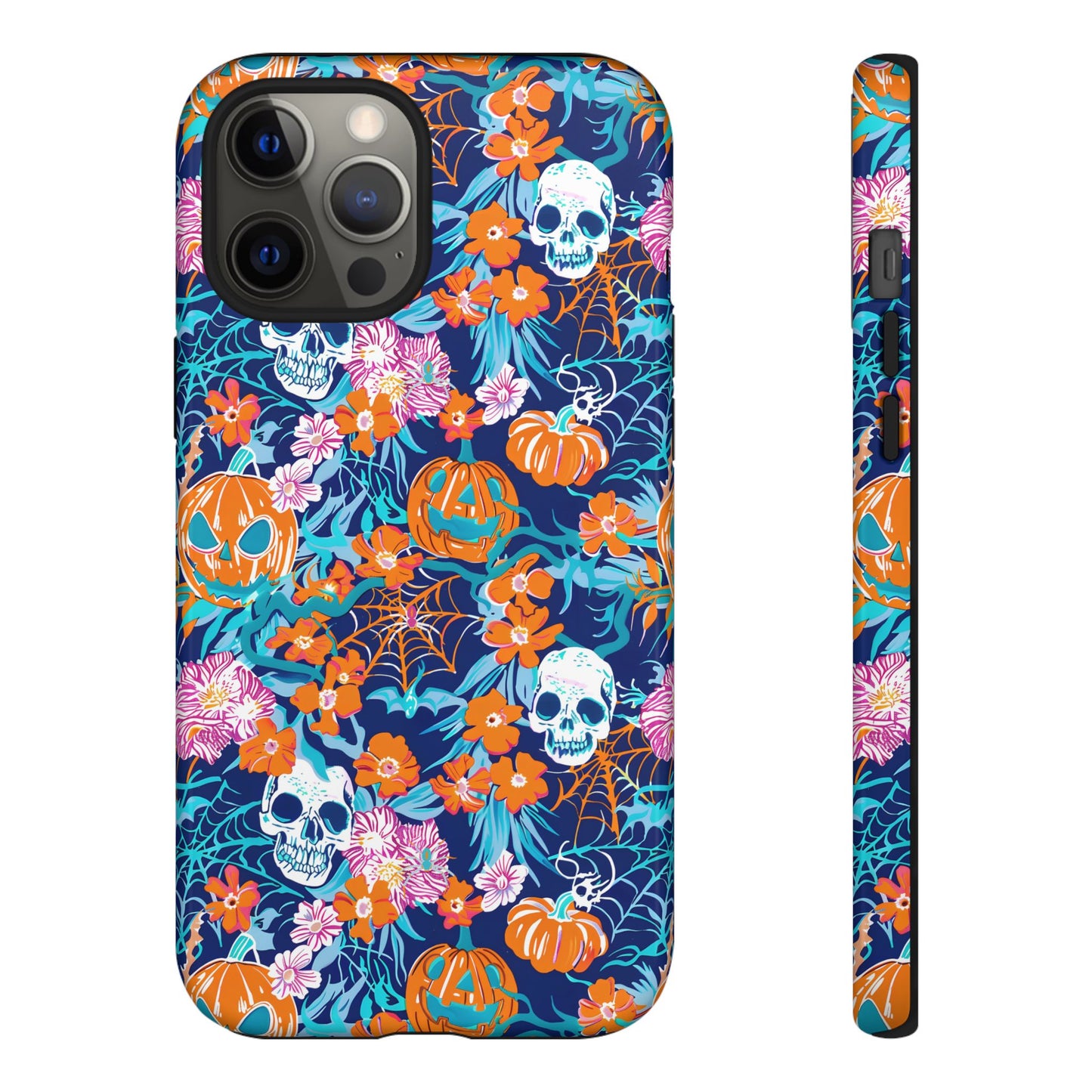 Floral Skulls and Pumpkins Halloween Phone Case – Tough Phone Case – Cute Spooky Design - iPhone 16 - Samsung Galaxy - Google Pixel