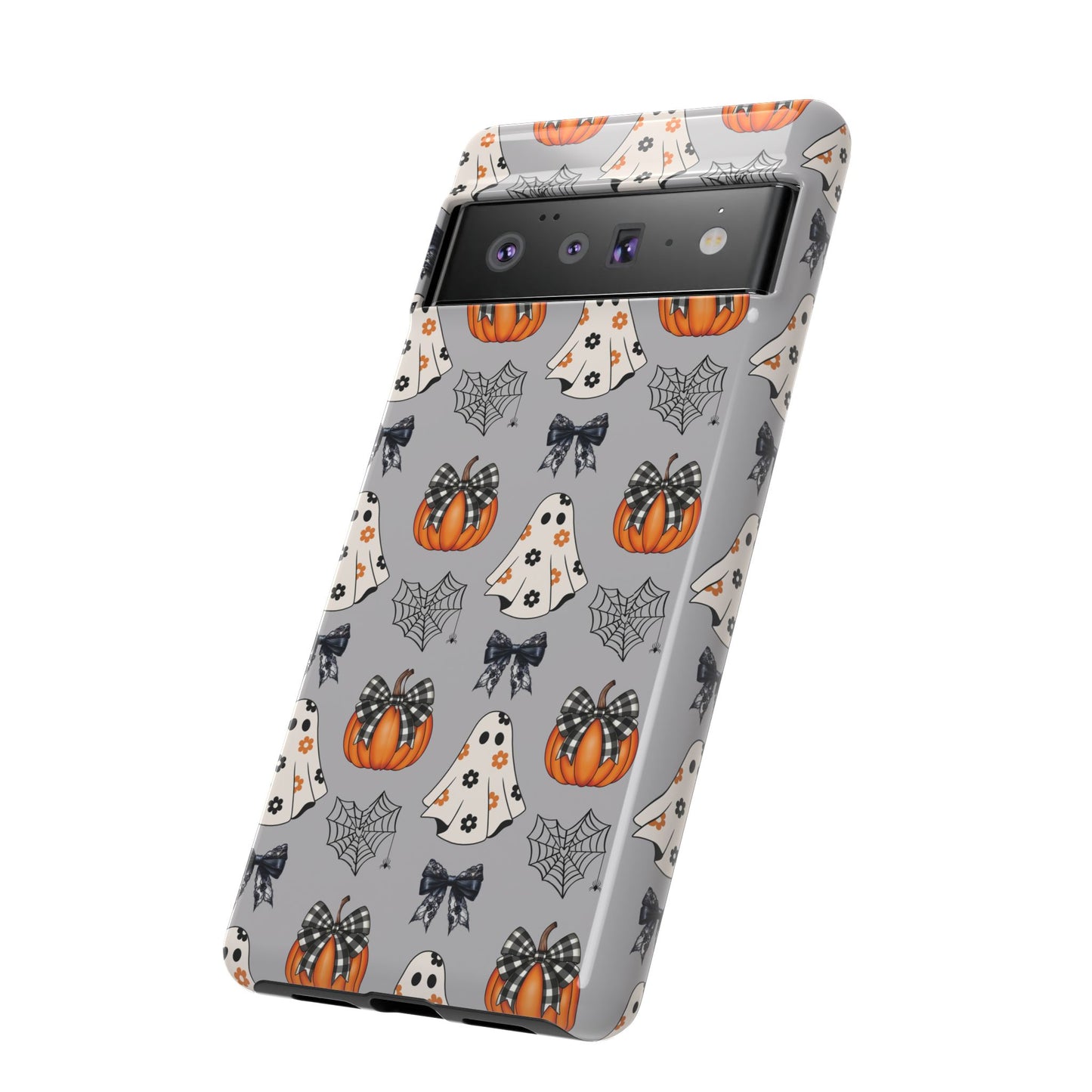 Halloween Ghosts and Pumpkins Gray Phone Case – Tough Phone Case – Cute Spooky Design - iPhone 16 - Samsung Galaxy - Google Pixel