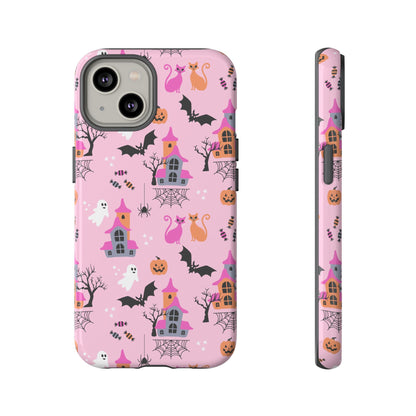 Pink Haunted House and Cats Halloween Phone Case – Tough Phone Case – Cute Spooky Design - iPhone 16 - Samsung Galaxy - Google Pixel