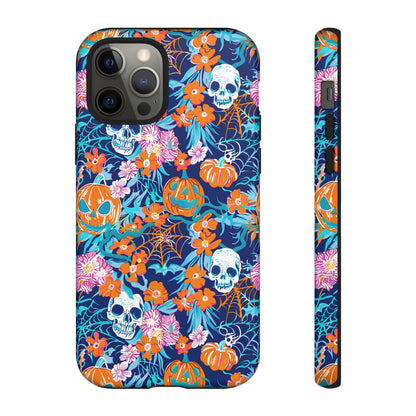 Floral Skulls and Pumpkins Halloween Phone Case – Tough Phone Case – Cute Spooky Design - iPhone 16 - Samsung Galaxy - Google Pixel