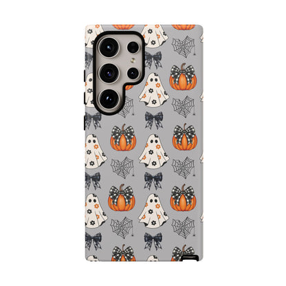 Halloween Ghosts and Pumpkins Gray Phone Case – Tough Phone Case – Cute Spooky Design - iPhone 16 - Samsung Galaxy - Google Pixel