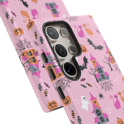 Pink Haunted House and Cats Halloween Phone Case – Tough Phone Case – Cute Spooky Design - iPhone 16 - Samsung Galaxy - Google Pixel