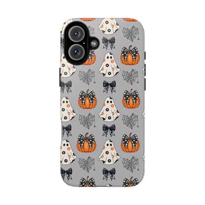 Halloween Ghosts and Pumpkins Gray Phone Case – Tough Phone Case – Cute Spooky Design - iPhone 16 - Samsung Galaxy - Google Pixel