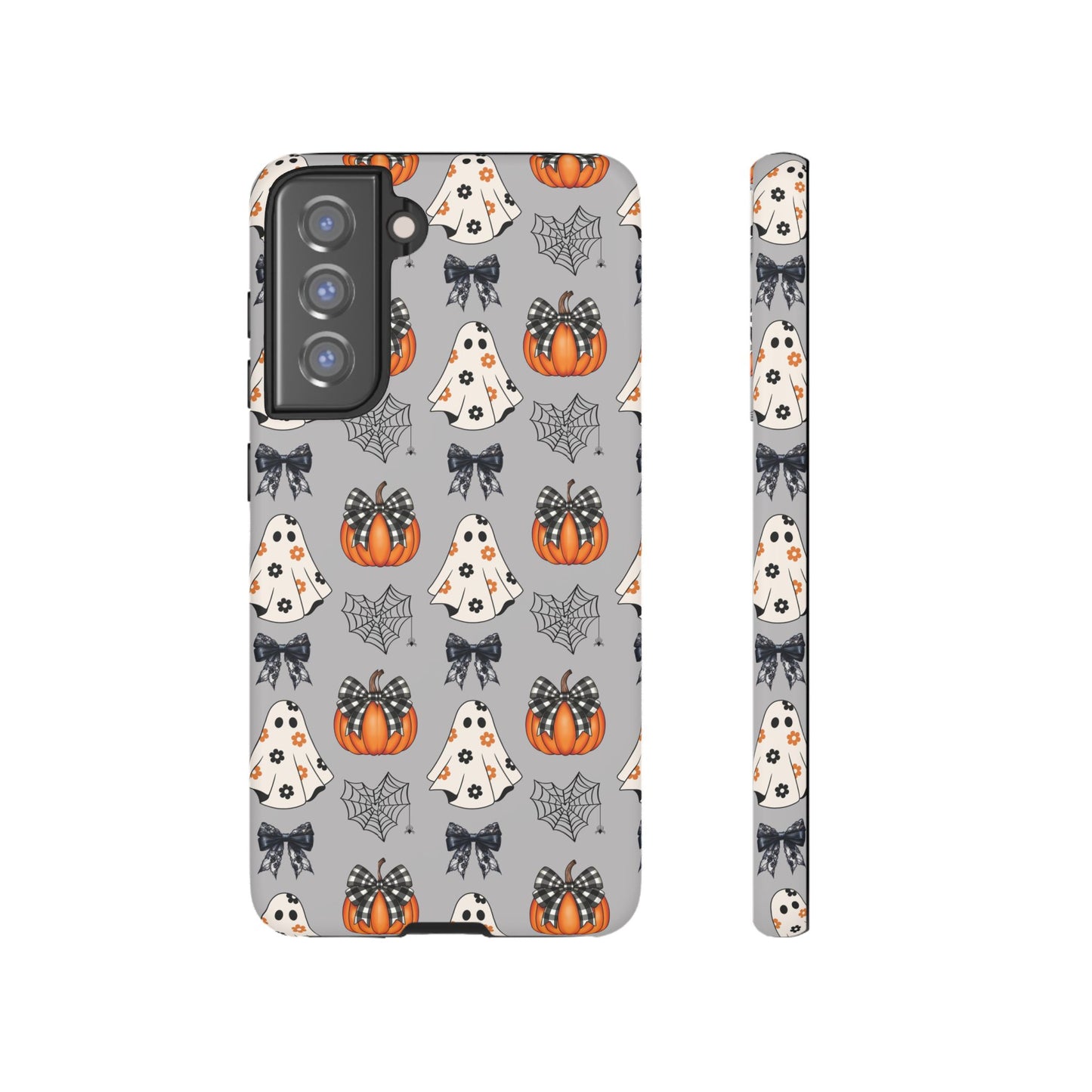 Halloween Ghosts and Pumpkins Gray Phone Case – Tough Phone Case – Cute Spooky Design - iPhone 16 - Samsung Galaxy - Google Pixel