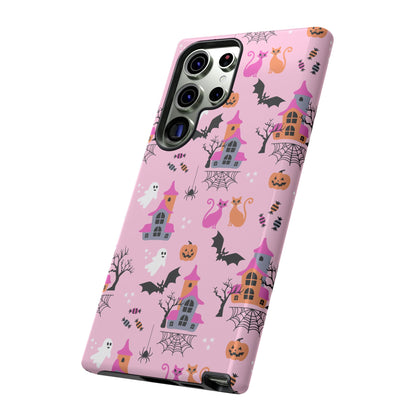 Pink Haunted House and Cats Halloween Phone Case – Tough Phone Case – Cute Spooky Design - iPhone 16 - Samsung Galaxy - Google Pixel