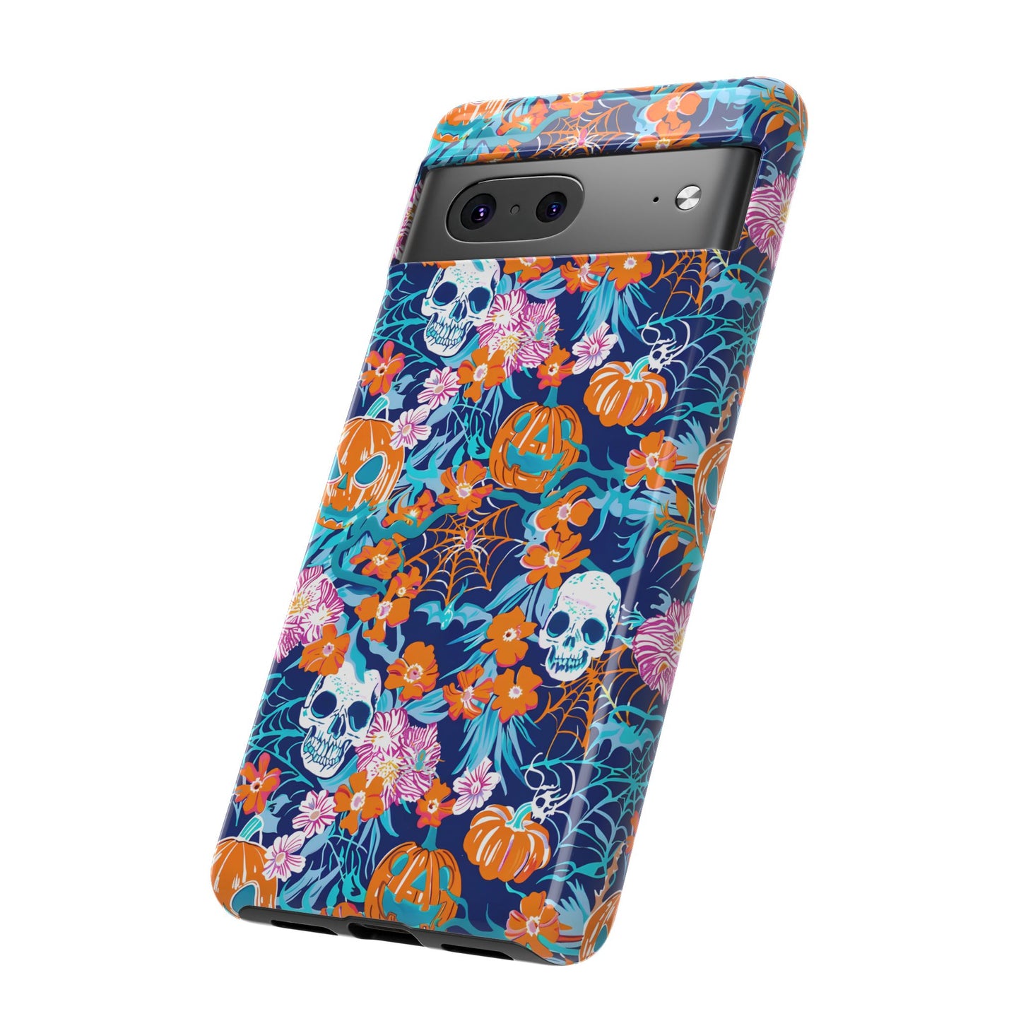 Floral Skulls and Pumpkins Halloween Phone Case – Tough Phone Case – Cute Spooky Design - iPhone 16 - Samsung Galaxy - Google Pixel