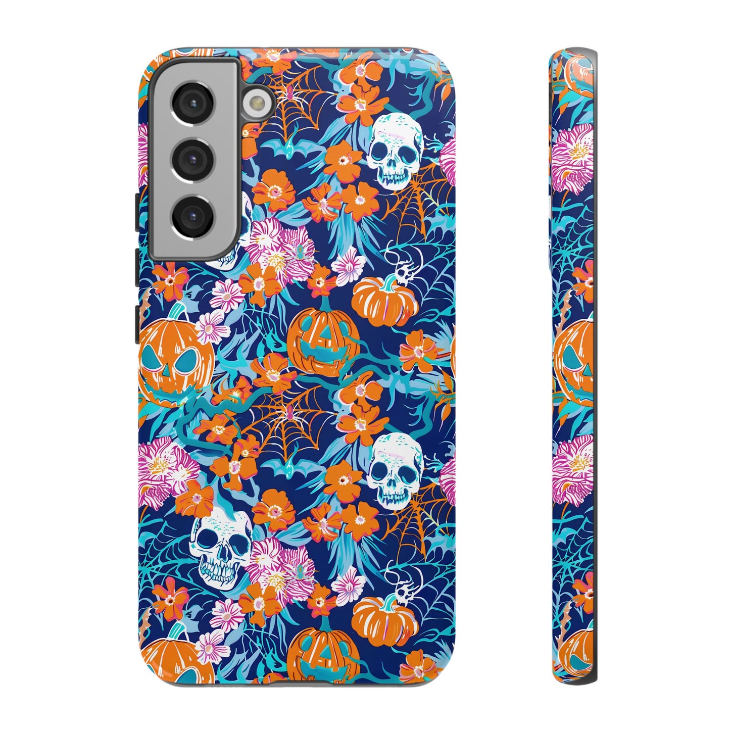 Floral Skulls and Pumpkins Halloween Phone Case – Tough Phone Case – Cute Spooky Design - iPhone 16 - Samsung Galaxy - Google Pixel