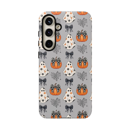 Halloween Ghosts and Pumpkins Gray Phone Case – Tough Phone Case – Cute Spooky Design - iPhone 16 - Samsung Galaxy - Google Pixel