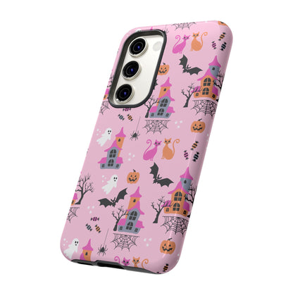 Pink Haunted House and Cats Halloween Phone Case – Tough Phone Case – Cute Spooky Design - iPhone 16 - Samsung Galaxy - Google Pixel